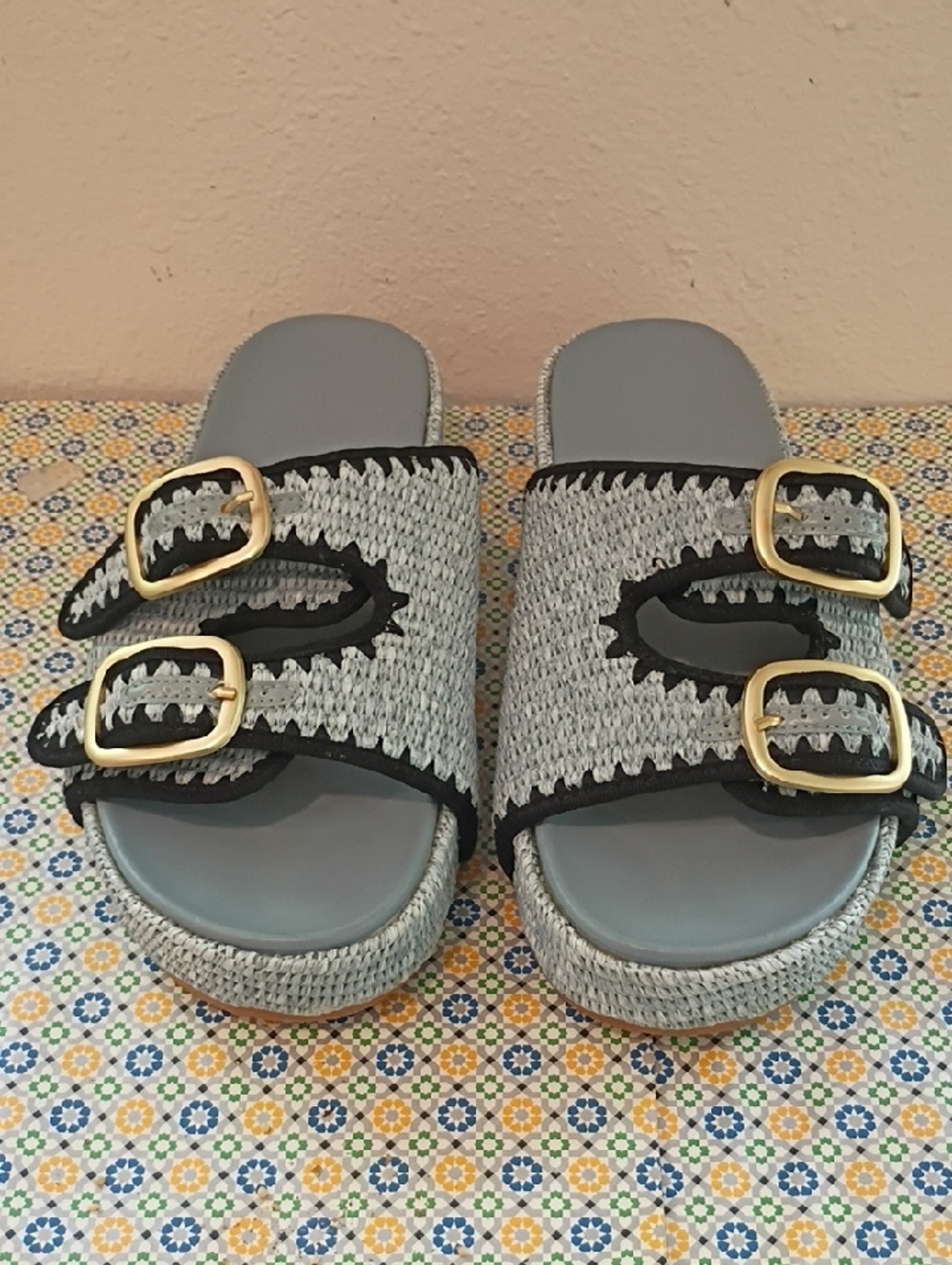 Baby Blue Chunky Platform Slides Boho Summer Sandals Size 9.5